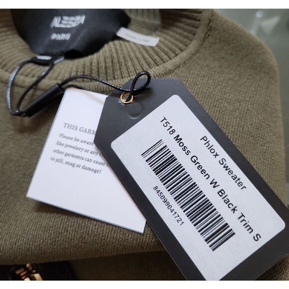 Aleeza Paris Moss Green Sweater with Black Leather Pocket Size S NWT - Picture 6 of 7